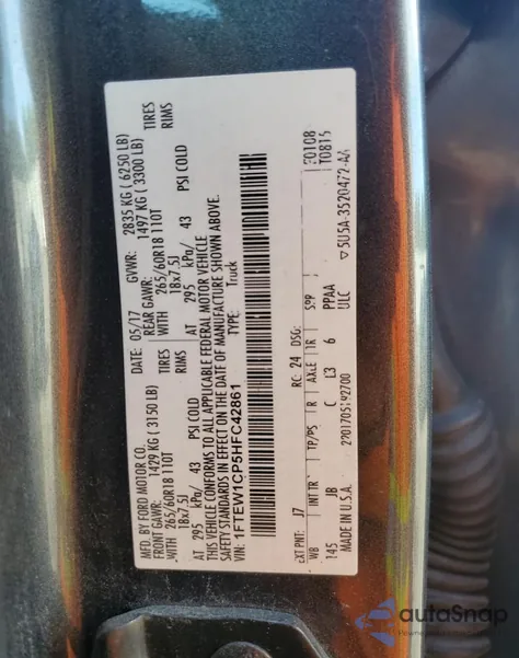 2017 Ford F150 Supercrew z USA, uszkodzony, nr VIN 1FTEW1CP5HFC42861